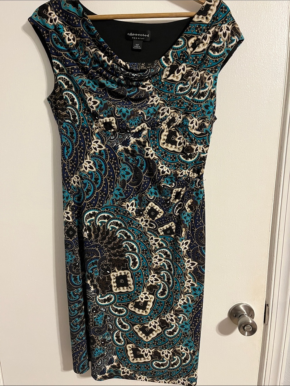 connected apparel Teal Black Cream Paisley Sheath Dress
